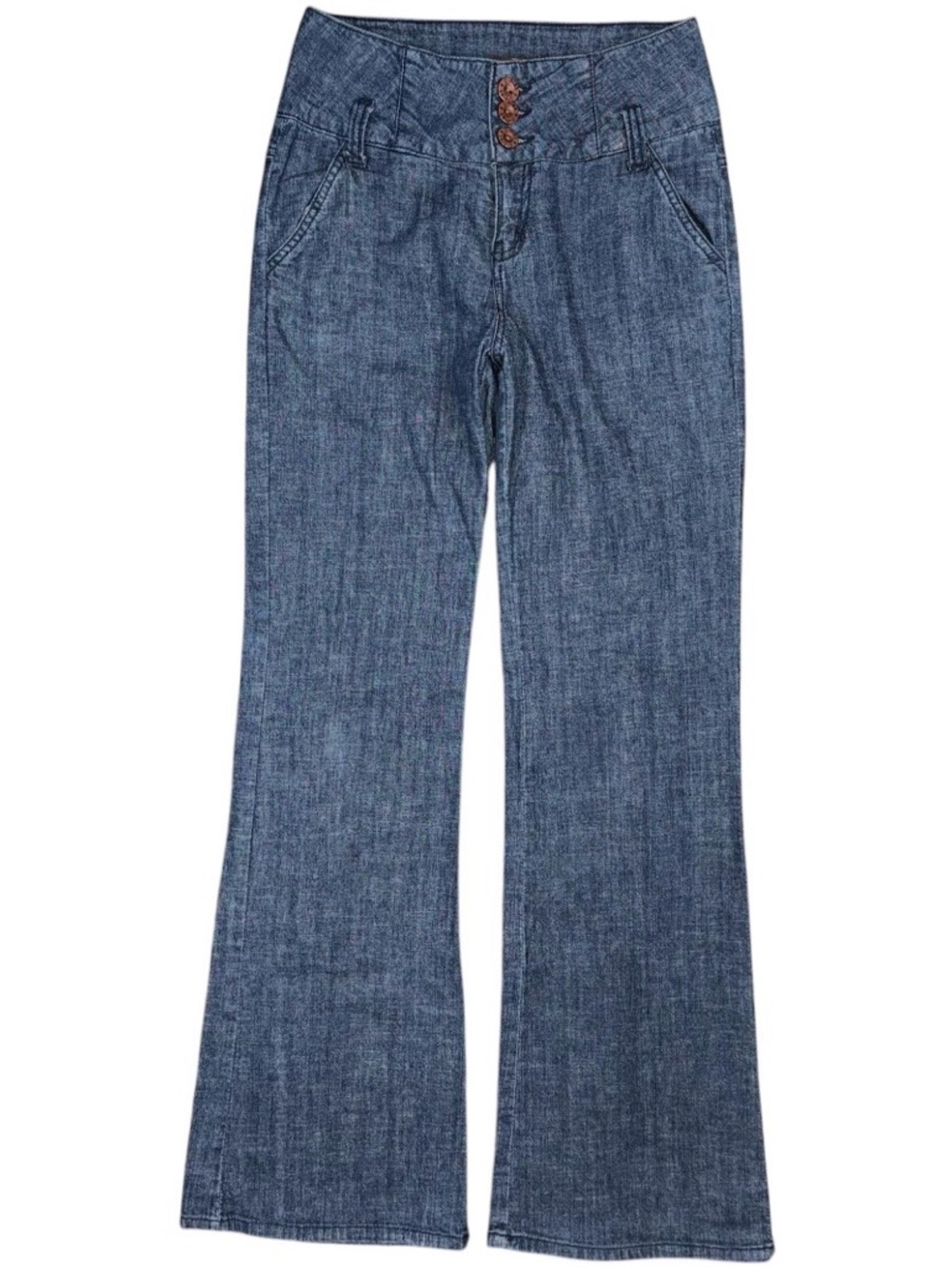 Vintage Y2K High Waisted Flare Chambray Denim Trousers Blue Boho Wide Leg Pants